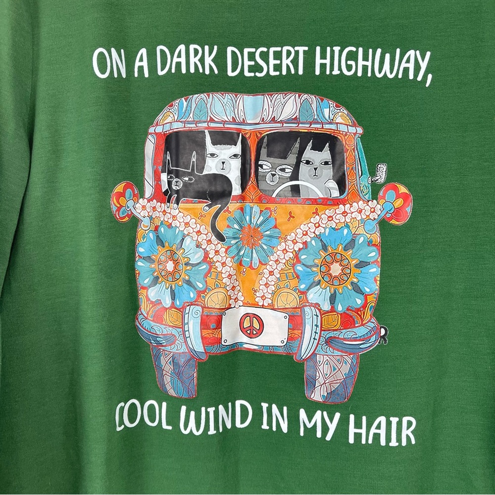 Boho Green Graphic Sweatshirt Cat Lover Van Peace Sign Retro Pullover Medium - Picture 3 of 7